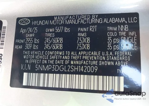 2025 Hyundai Santa Fe Xrt z USA, uszkodzony, nr VIN 5NMP3DGL2SH142009